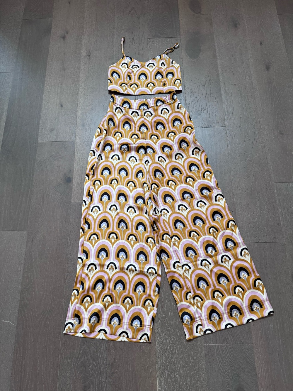 Wide-Leg Patterned Jumpsuit in Mustard & Pink